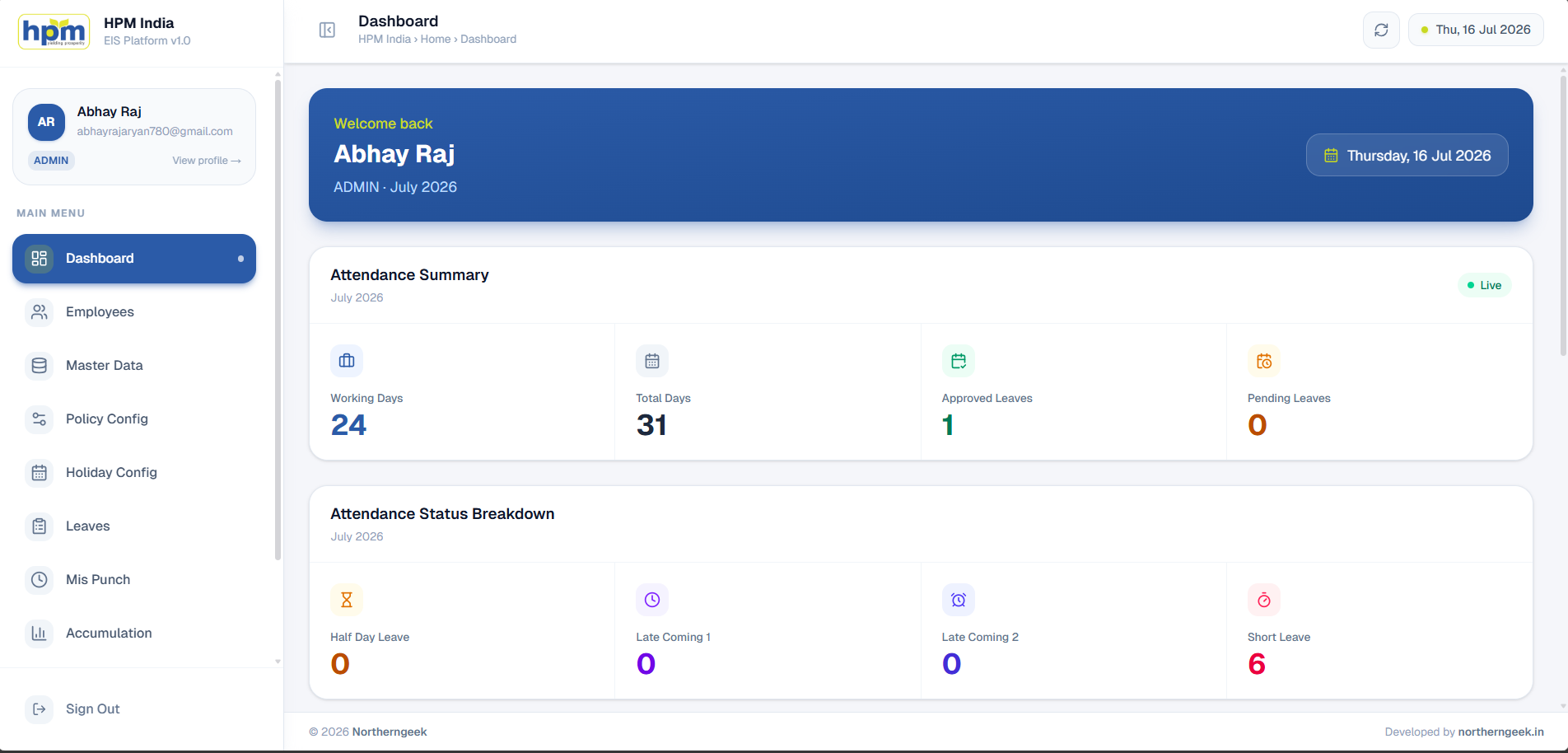 Northern Geek HRIS dashboard showing attendance summary and leave status for an HR admin