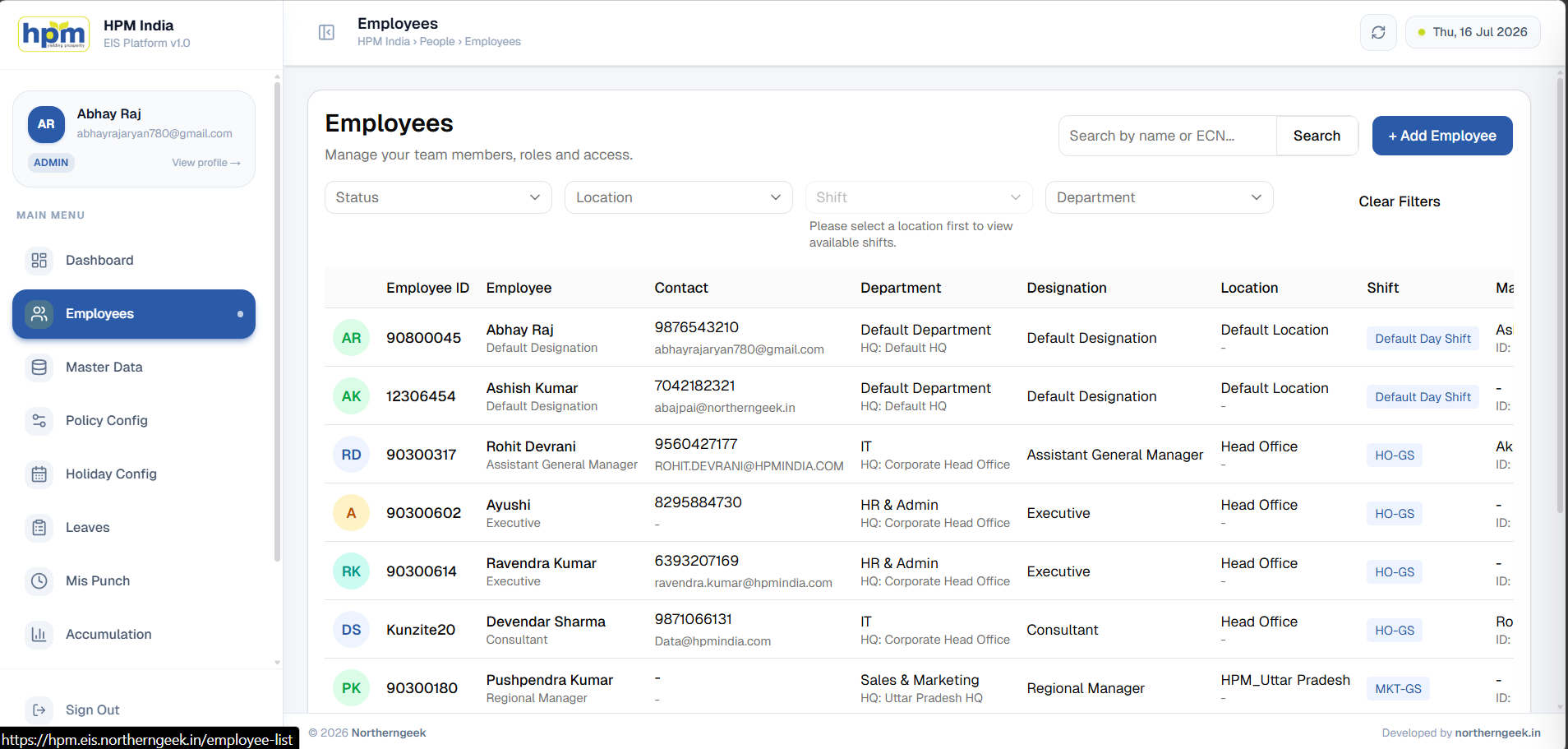 HR admin managing the employee directory with departments, designations and shifts in Northern Geek HRIS