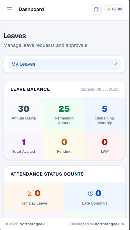Employee viewing leave balance and applying for leave on the Northern Geek HRIS mobile app