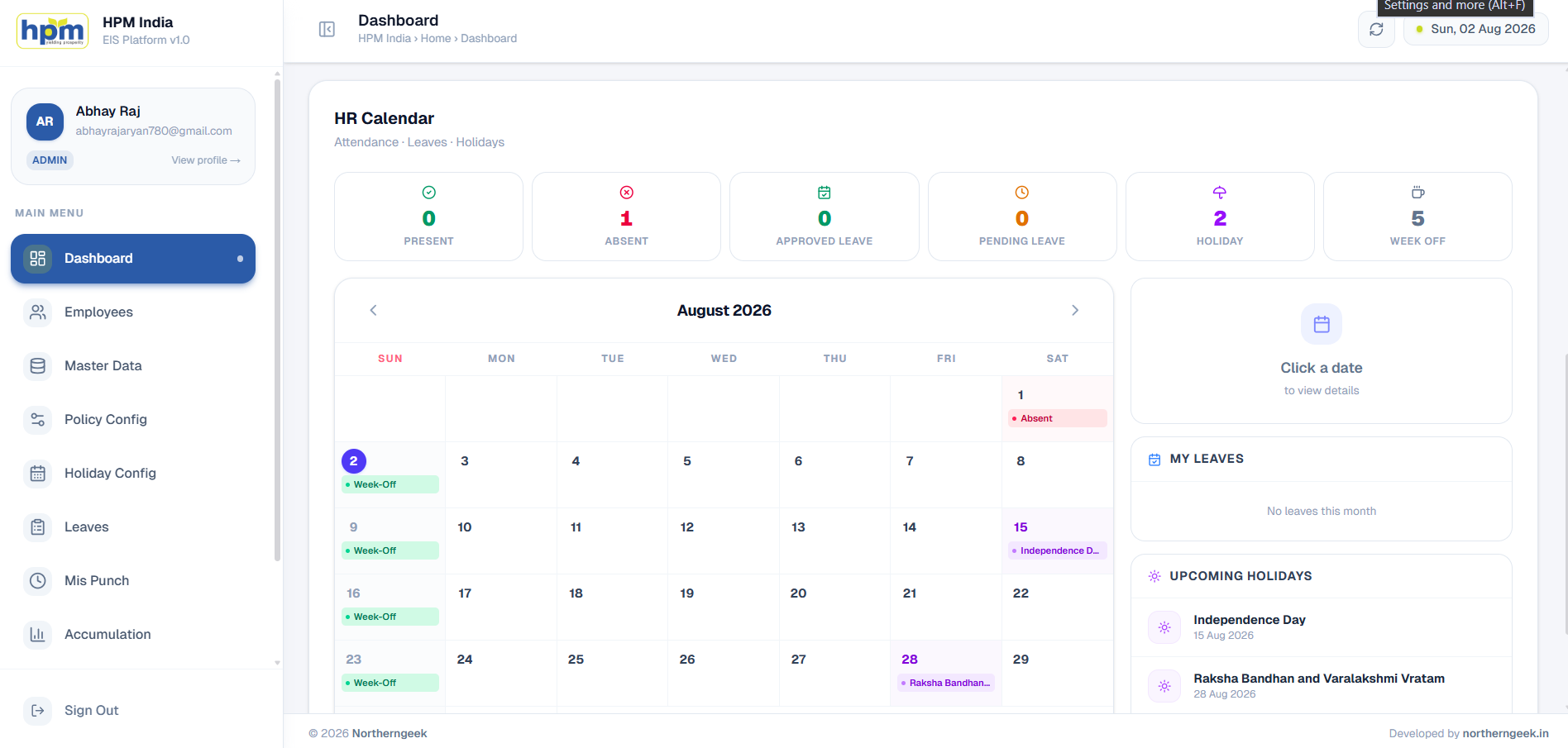 Attendance tracking dashboard in Northern Geek HRIS